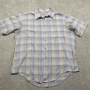 VTG 70s Kingsport Shirt Mens L Plaid Button Up Short Sleeve Retro Lightweight